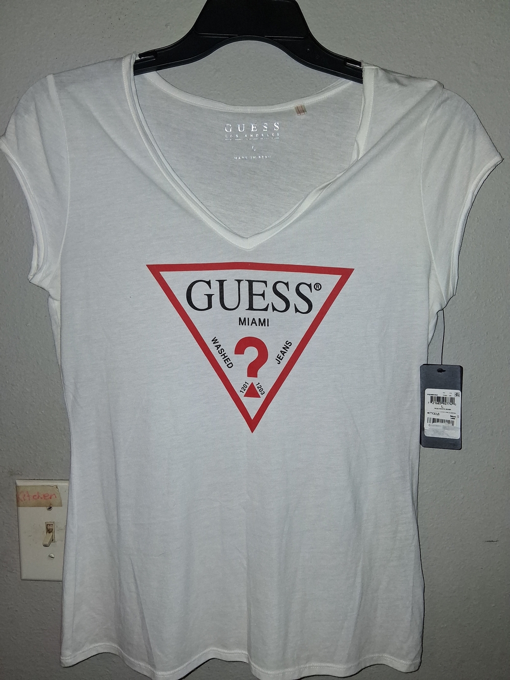 Macy's White V-Neck GUESS Logo Tee with Red Triangle